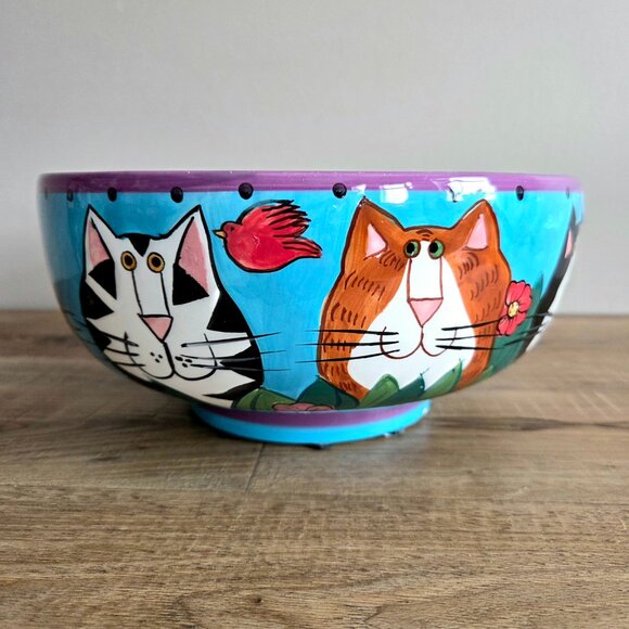 Large vintage ceramic bowl Catzilla 1999 by Candace Reiter w/hand painted cats. - Picture 4 of 10